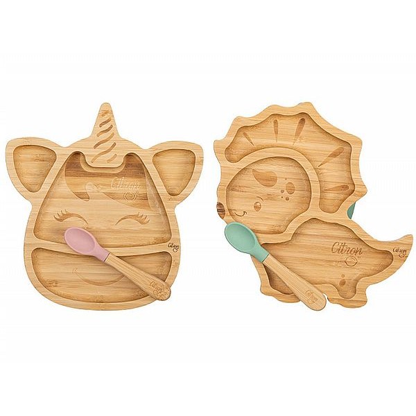 杜拜 Citron~竹製餐盤組250ml(3格分隔盤+矽膠木勺)1組入 款式可選